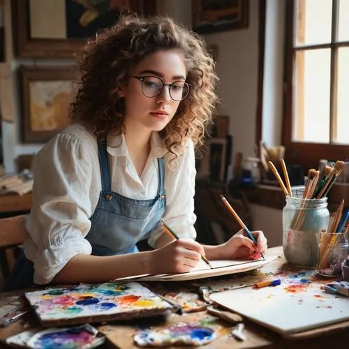 Female artist, drawing, solo, (20yo), beautiful detailed eyes, glasses, curly brown hair, elegant makeup, white blouse, high-waisted jeans, sneakers, paint-stained apron, holding a pencil, sketchbook 