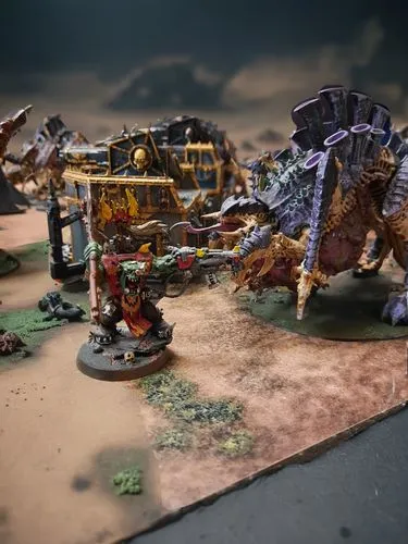 Orks fighting tyranids on a battlefield in the Warhammer 40K universe ,a set of warhammer models in front of a changed background,tyranid,tyranids,orks,warhammer