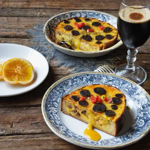 welsh rarebit,pissaladière,bread and butter pudding,sugared pancake with raisins,custard tart,mixed fruit cake,advocaat,zabaione,french toast,danish breakfast plate,pannekoek,mulled wine,vasilopita,blueberry stilton cheese,balsamic vinegar,quark tart,tartlet,zwiebelkuchen,plum cake,food styling,Illustration,Abstract Fantasy,Abstract Fantasy 04