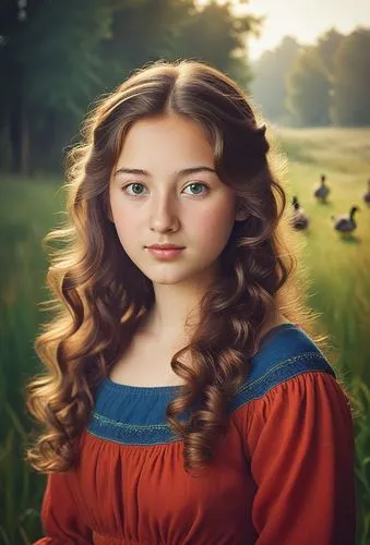 The tall and strong Tatar girl with long, curly brown hair and bright green eyes gazes out the window at a lush green meadow. She wears a flowing red dress with a white t-shirt and blue jeans. The sun