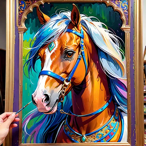 painted horse,colorful horse,portrait animal horse,glass painting,copper frame,unicorn art,carnival horse,equine,carousel horse,arabian horse,beautiful frame,holding a frame,silver frame,belgian horse,gypsy horse,gold frame,oil painting on canvas,dream horse,decorative frame,horse,Anime,Anime,General