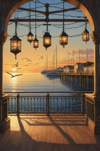 wooden pier,hanging lantern,docks,fishing pier,harborlights,dockside,waterfront,boat harbor,boardwalk,windows wallpaper,harborwalk,stiltsville,dock,boat dock,seaside view,pier,balcony,pier 14,world digital painting,harbor,Illustration,Realistic Fantasy,Realistic Fantasy 11