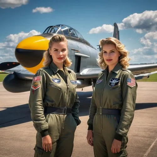 In a wide shot, wide angle perspective, two gorgeous female airforce fighter pilots, 32 and a 22 years old with long light blonde and dark-brown hair each, both looking with confidence, in full 1955 f