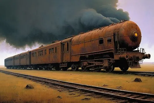 tank wagons,tank cars,ghost locomotive,heavy goods train locomotive,steam locomotives,freight car,freight locomotive,steam locomotive,steam train,boxcar,merchant train,railroad car,goods train,steam special train,train wagon,train car,train crash,diesel train,tender locomotive,freight wagon,Conceptual Art,Oil color,Oil Color 16