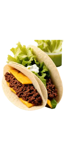 Mexican food, solo, crispy taco shell, seasoned ground beef, lettuce, diced tomatoes, shredded cheese, sour cream, cilantro, close-up, shallow depth of field, warm color tone, appetizing lighting, 3/4