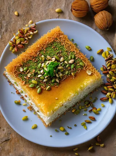 Describe a mouth-watering plate of knafeh topped with crunchy pistachios.,kanafeh,baklava,besan barfi,mandarin cake,quark tart,danish nut cake,halva,south asian sweets,diwali sweets,za'atar,iranian cu