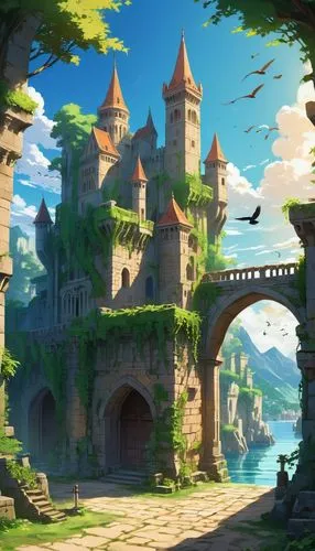 fairy tale castle,cartoon video game background,bird kingdom,alfheim,knight's castle,maplestory,Illustration,Japanese style,Japanese Style 03