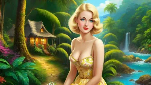 Romantic masterpiece oil painting, cute girl portrait, nostalgic 1950's style kitsch, vibrant rainforest landscape, lush tropical jungle paradise, summer beach cottage scenery, by Thomas Kinkade, by B