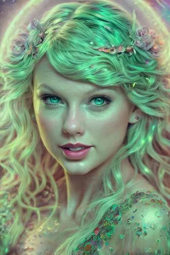 Taylor Swift in a green dress extremely detailed professional photography of (((an ethereal spirit))) with a mischievous smile and glowy eyes. Otherworldly creature, magical scene, an incredibly beaut