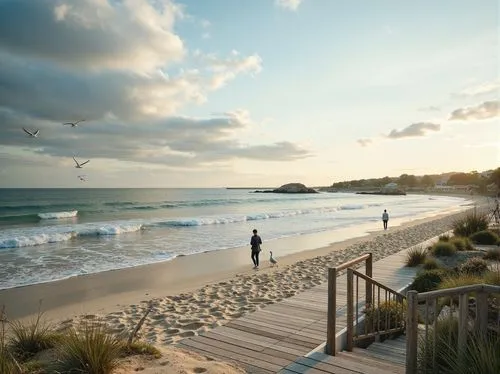 Sandy beach, ocean waves, seagulls flying, driftwood accents, weathered wooden decks, nautical ropes, sailboat-inspired railings, calming blue-green color palette, soft pastel hues, creamy whites, war