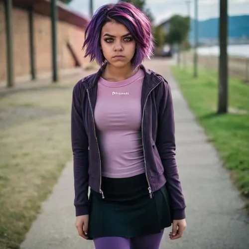 Female gothic teen in public in purple jacket and dark skirt with undershirt with light purple leggings ,a woman with purple hair and dark skin wearing a skirt,mauve,romiti,enid,tali,skye,violetta