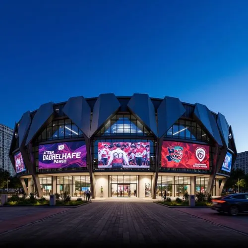 Modern stadium facade, steel cladding, angular lines, dynamic curves, cantilevered roofs, grand entrance gates, sleek metallic surfaces, high-tech LED lighting, vibrant team color schemes, urban lands