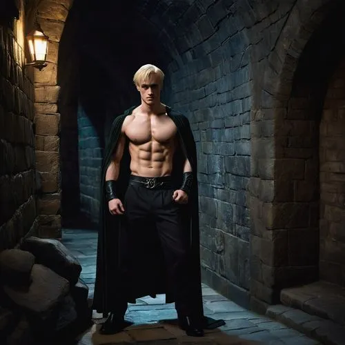 muscular man, shirtless Draco Malfoy, Slytherin student, pale skin, blonde hair, piercing blue eyes, sharp facial features, lean torso, defined chest muscles, ripped abs, black trousers, silver snake 