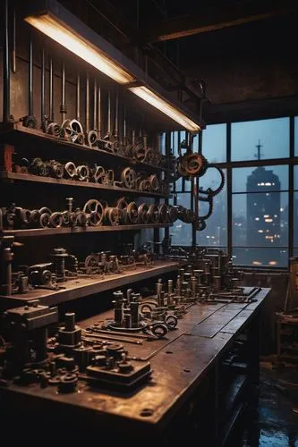 industrial workshop, mechanical tools, steel workbench, wooden cabinets, metal shelves, intricate machinery, gears, cogs, pipes, welding sparks, spotlights, metallic smell, steam punk, futuristic, hig