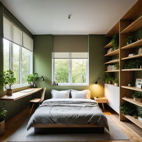 green living,modern room,bedroom,sleeping room,loft,bookshelves,bookcase,room divider,modern decor,japanese-style room,canopy bed,shared apartment,bedroom window,guest room,wooden windows,danish room,shelving,great room,an apartment,contemporary decor,Photography,General,Natural