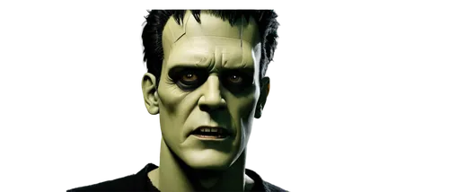 Frankenstein's monster, masculine face, prominent forehead, flat head, bolts on neck, pale skin, thick eyebrows, sunken eyes, sharp nose, thin lips, grotesque features, dramatic lighting, close-up sho