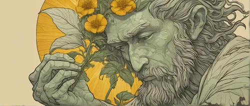 dryad,old man,overgrown,old age,gypsywort,wilted,digital illustration,asclepius,king lear,faun,beard flower,elderly man,forest man,golden root,old woman,apothecary,tree man,druids,old human,cancer illustration,Illustration,Paper based,Paper Based 26