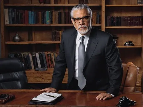 Angela Montenegro's father, mature man, 50s, dignified, serious facial expression, thinning gray hair, black framed glasses, trimmed beard, business suit, white dress shirt, silver tie clip, leather b