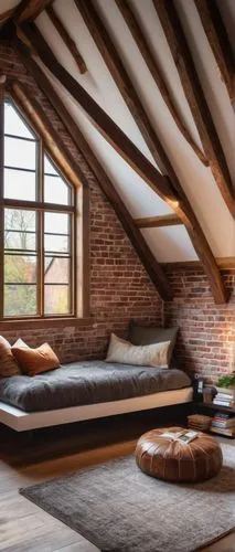 Full attic, modern architectural design, luxurious interior, large windows, natural light, wooden beams, exposed brick walls, comfortable reading nook, plush carpet, minimalist decor, cozy atmosphere,