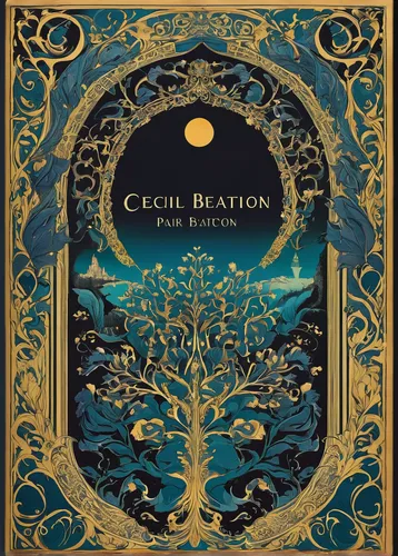 Design a decorative and ornamental book cover for a fantasy novel.,cd cover,art nouveau design,olfaction,constellation lyre,vintage ilistration,pear cognition,ceylon tea,coastlien,ecoregion,divination