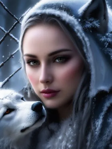 reimagine this image so that that the woman has brown eyes and include a medieval crown to her head,white wolves,white fox,shepherdesses,the snow queen,warg,sled dog,two wolves,white rose snow queen,i