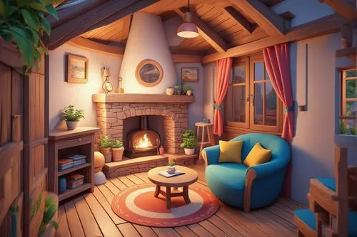 3d pixar relaxing cute round cosy wooden adventurous fairytale lounge in a small cosy round cottage,fireplace,summer cottage,small cabin,cabin,fire place,warm and cozy,small house,3d render,attic,cott