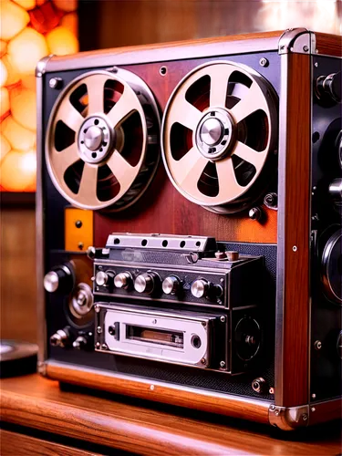 Reel-to-reel tape recorder, vintage machine, metal body, brown wood panels, silver knobs, black reels, spinning tapes, studio setting, softbox lighting, shallow depth of field, warm color tone, cinema