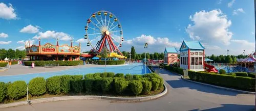 amusement park,a amut park with a carousel and ride,amusement park,toontown,theme park,westonzoyland,zamperla,imaginationland,kiddieland,ecopark,storyland,europa park,funland,fantasyland,shanghai disn