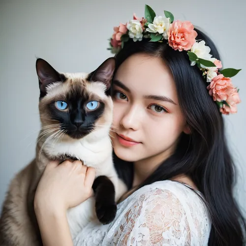 beautiful girl with flowers,flower crown,flower cat,cute cat,siamese cat,vietnamese woman,ragdoll,romantic portrait,burmese,phuquy,flower hat,vintage girl,vietnamese,indonesian women,asian semi-longhair,cat kawaii,flower animal,vintage asian,girl in flowers,flower girl,Photography,Documentary Photography,Documentary Photography 23