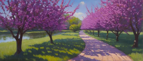 lilac tree,sakura trees,purple landscape,cherry trees,magnolia trees,tree lined path,pathway,meadow in pastel,springtime background,spring blossoms,birch alley,sakura tree,cherry blossom tree-lined avenue,spring morning,cherry tree,tree lined lane,the cherry blossoms,cherry blossom tree,spring blossom,lilac arbor,Illustration,Realistic Fantasy,Realistic Fantasy 03