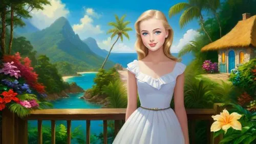 Romantic masterpiece oil painting, beautiful girl portrait, nostalgic 1950's style kitsch, vibrant rainforest, mountaintop cottage landscape, lush tropical jungle paradise, summer beach scenery, by Th