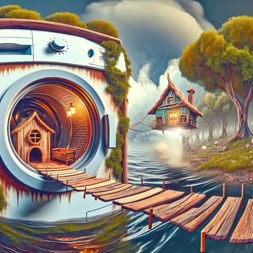 a surreal po with a house on a hill next to the water,gondola,imaginationland,ecotopia,world digital painting,cartoon video game background,water wheel,karchner,popeye village,escher village,diving go