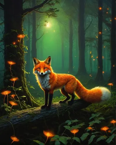 Mysterious foxfire, KotLC, ancient magical creature, solo, (500yo), fiery orange fur, nine tails, piercing green eyes, mystical aura, dark forest, misty atmosphere, twinkling fireflies, glowing mushro