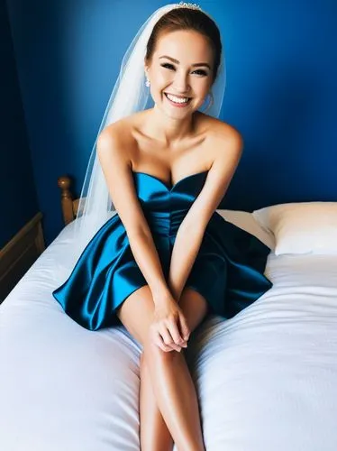 The most enchanting smile I've ever seen.,a beautiful woman sitting on a bed,blue dress,girl in bed,blue pillow,namie,blue background,annasophia