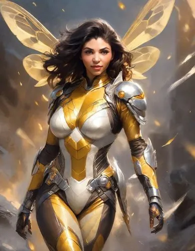 the  and weird character dressed in yellow,zauriel,superwasp,archangel,kryptarum-the bumble bee,wasp,leona,Digital Art,Impressionism