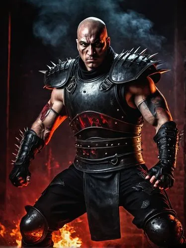 Mortal Kombat fighter, male, muscular, scarred face, menacing eyes, bald head, tattoos on arms, black leather armor, metal shoulder pads, spiked gauntlets, gruesome bloodstains, intense battle stance,