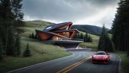 alpine drive,underground garage,futuristic architecture,concept car,house in the mountains,house in mountains,futuristic landscape,electrohome,3d car wallpaper,ford gt 2020,muscle car cartoon,3d rendering,mountain highway,alpine style,futuristic car,the cabin in the mountains,futuristic art museum,modern house,teardrop camper,libeskind