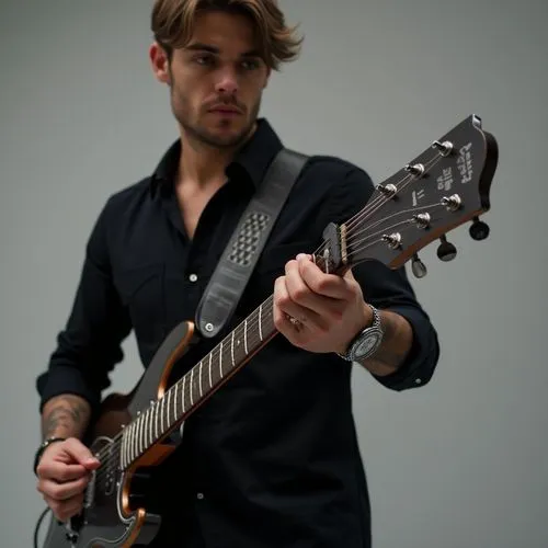 Arm of a man wearing a black long sleeve shirt wearing a silver Alba watch is playing an electric guitar in a light gray background with lighting and studio lights
,a man in black shirt playing a guit