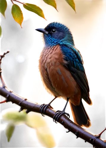 Small bird, perched on branch, singing, bright plumage, feathers fluffy, beak open, morning dew, soft sunlight filtering through leaves, shallow depth of field, warm color tone, cinematic lighting, cl