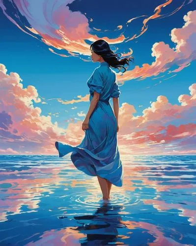 ocean,the wind from the sea,horizon,the endless sea,the horizon,digital painting,sea,world digital painting,ocean background,ocean blue,sky,blue sky clouds,little girl in wind,adrift,exploration of the sea,summer sky,blue gradient,tidal wave,digital illustration,blue sky and clouds,Illustration,Vector,Vector 07