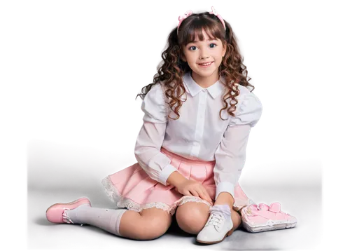 Cute girl, smiling face, rosy cheeks, sparkly eyes, curly brown hair, fringe bangs, sweet makeup, white blouse, pink skirt, lace socks, black Mary Janes, holding a stuffed animal, leaning forward, 3/4