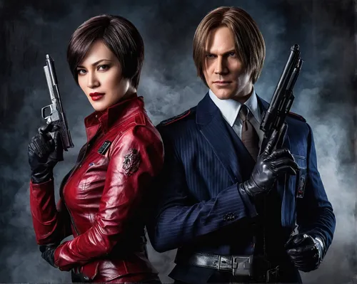 Russian Cosplay: Ada Wong & Leon Kennedy (Resident Evil 2) by Carry & Lucher,spy visual,mobster couple,spy,birds of prey,agent 13,assassins,red double,birds of prey-night,revolvers,bond,smith and wess