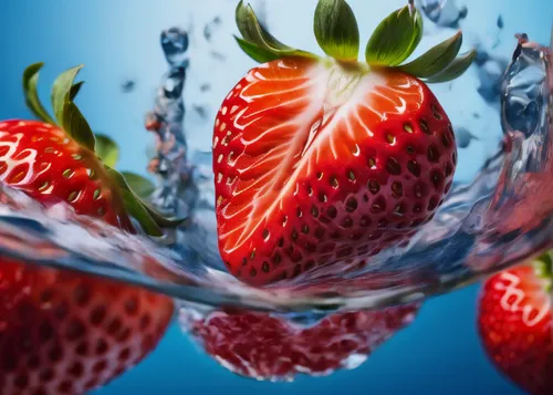 the cut half of the Strawberry fell into the water,blue background, poster design, close-up,soft light, commercial photography, professional color grading, stock photo, high detail, hyper quality, hig