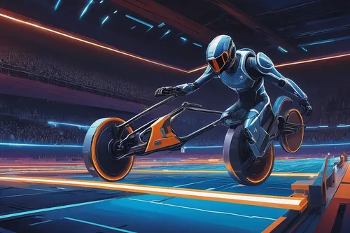 Create a thrilling sci-fi short story where paralympians with cybernetic enhancements compete in an augmented reality arena.,board track racing,track cycling,paracycling,track racing,racing bicycle,ro