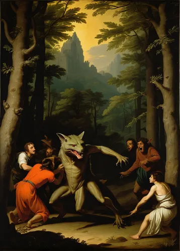 hunting scene,animals hunting,werewolves,wolves,wolf hunting,werewolf,hunting dogs,the wolf pit,cordoba fighting dog,two wolves,druids,wolfman,landseer,howling wolf,dance of death,fox hunting,red riding hood,celebration of witches,apollo and the muses,bougereau,Art,Classical Oil Painting,Classical Oil Painting 33