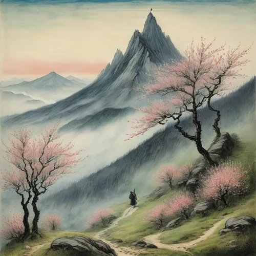 mountain scene,mountain landscape,mountainous landscape,japanese mountains,japan landscape,mount scenery,the landscape of the mountains,japanese alps,landscape background,japanese art,rural landscape,khokhloma painting,landscape,chinese art,oriental painting,high landscape,plum blossoms,mountain slope,apricot blossom,forest landscape,Illustration,Black and White,Black and White 23