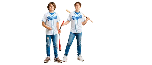 Happy boy, holding baseball bat, smiling face, bright blue eyes, messy brown hair, white baseball jersey, blue jeans, athletic shoes, standing with legs apart, morning sunlight, shallow depth of field