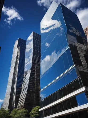 Lee H Skolnick Architecture, modern skyscraper, glass and steel structure, sleek lines, futuristic design, urban cityscape, New York City, sunny day, blue sky, few white clouds, dramatic shadows, angu