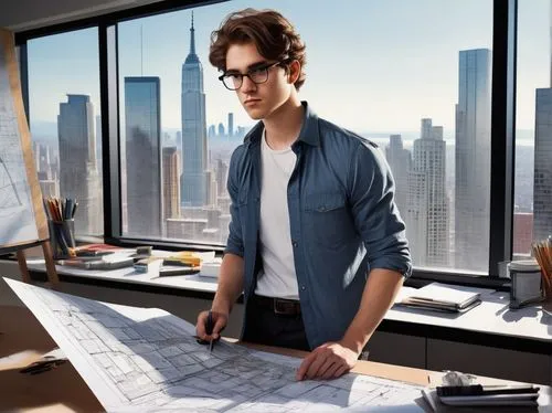 nessman,oscorp,blur office background,niederman,autocad,draughtsman,office worker,male poses for drawing,homelander,in a working environment,compositing,penniman,wireframe graphics,nerdy,mapmaker,architect,project manager,blueprints,bomer,web designer,Illustration,American Style,American Style 09