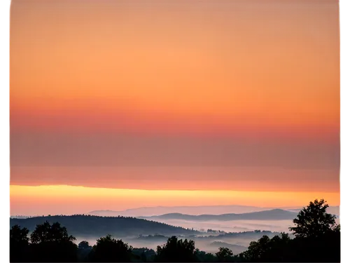 Vibrant sunrise, warm golden light, gradient sky, clouds with soft pink hues, misty atmosphere, silhouette of trees or buildings, gentle hills, peaceful ambiance, panoramic view, soft focus, shallow d